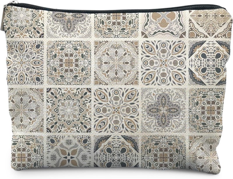 RYYCDOI Vintage Boho Mandala Floral Makeup Bag, Ethnic Moroccan and Mediterranean Tile Cosmetic Bags for Women, Mexican Gifts for Women, Traditional Block Print Zipper Makeup Pouch - Image 1